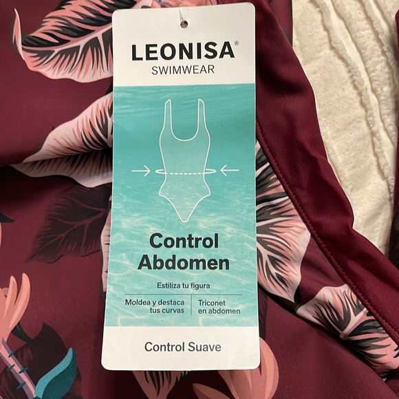 NWT Leonisa Burgundy Floral Deep V Ruffle Shoulder One Piece Swim Suit Sz. Large - Picture 6 of 15